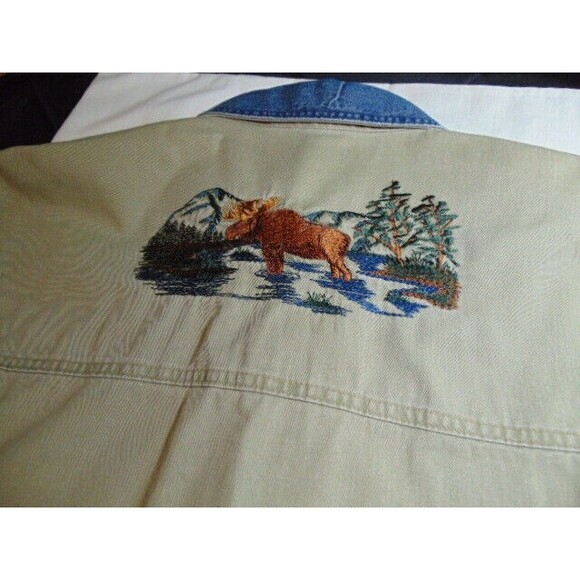 Vtg. Canadian Outdoors Long-Sleeve Button Shirt Embroidered Moose Khaki/Denim XL - Picture 13 of 13